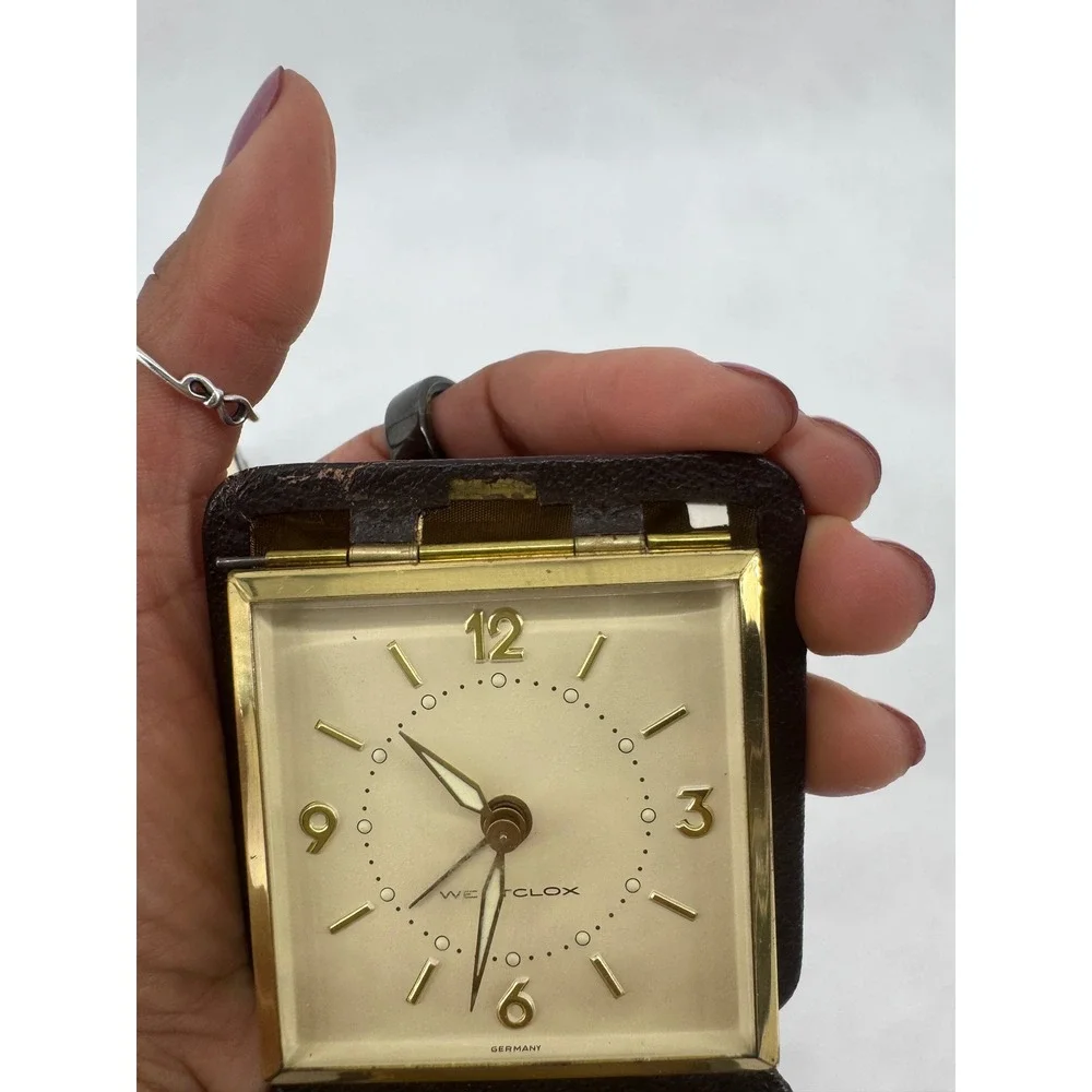 Westclox Travette Vintage Leather Cased Alarm Clock Brown 44024 Germany Keywound